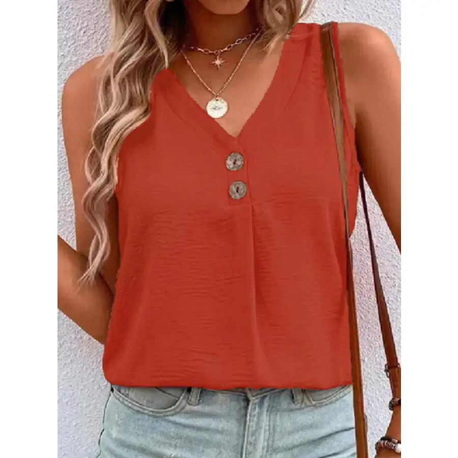 Full Size Decorative Button V Neck Tank