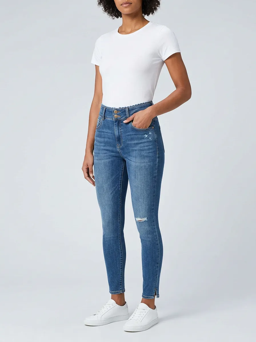 Women's Bird Embroidery Distressed High-Waist Slim Jeans