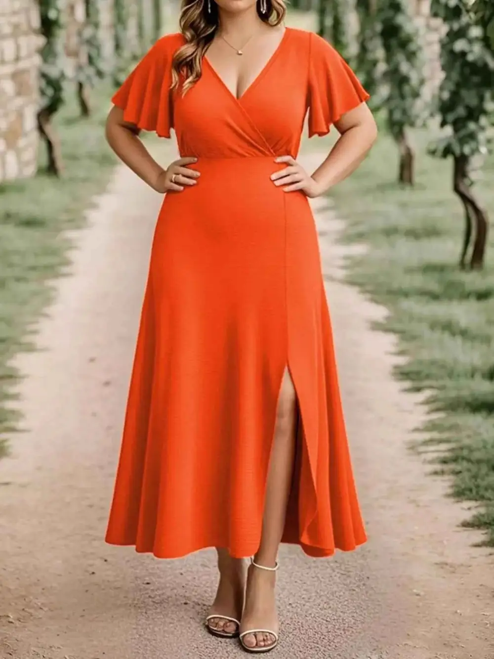 Plus Size Surplice Flutter Sleeve Dress