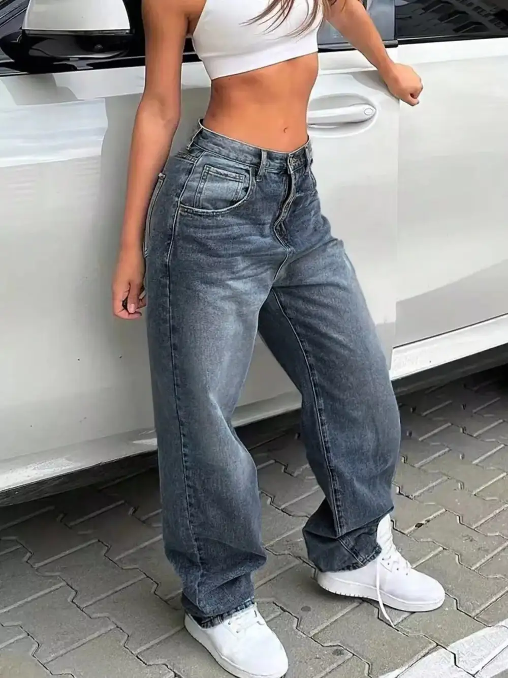 Structured Wide Leg Washed Denim Jeans
