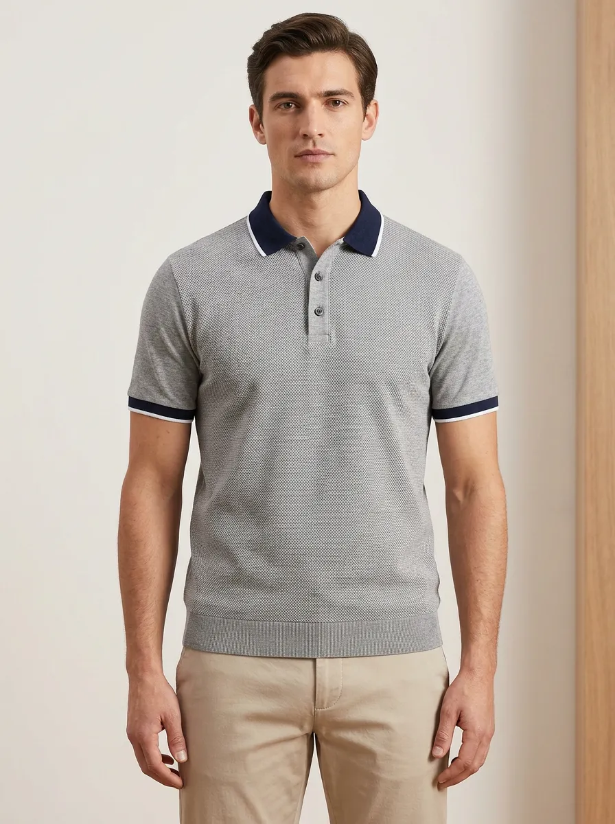 Men's Grey Textured Knit Contrast Collar Polo Shirt