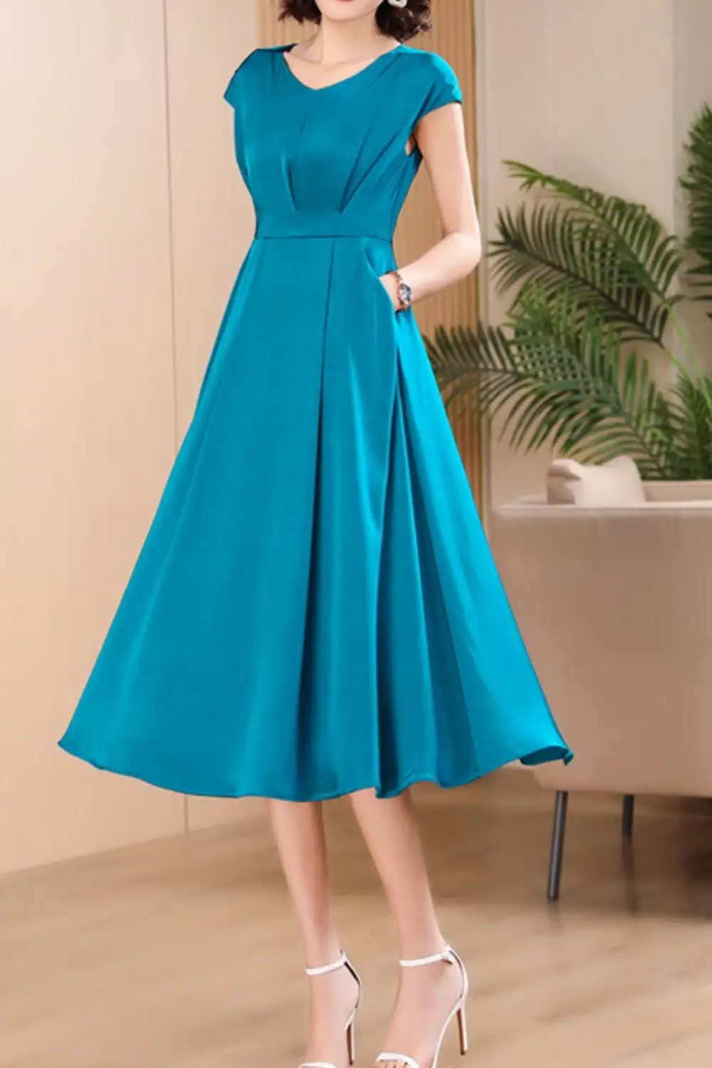 Polyester Fit And Flare V Neck Midi Dress