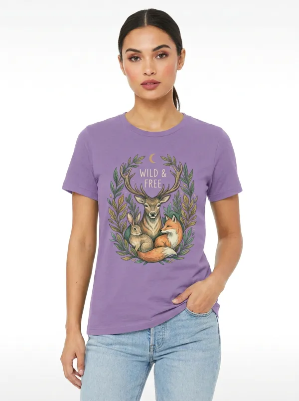 Women's Nature Lover Wild & Free Deer Rabbit Fox Printed T-shirt