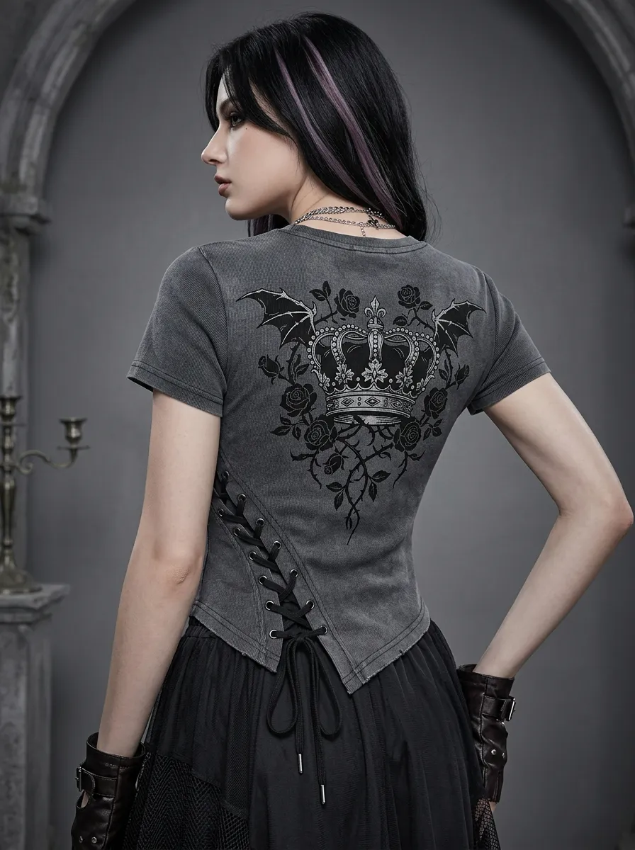 Moonlit Bat Rose Lace Collection Women's Gothic T-Shirt