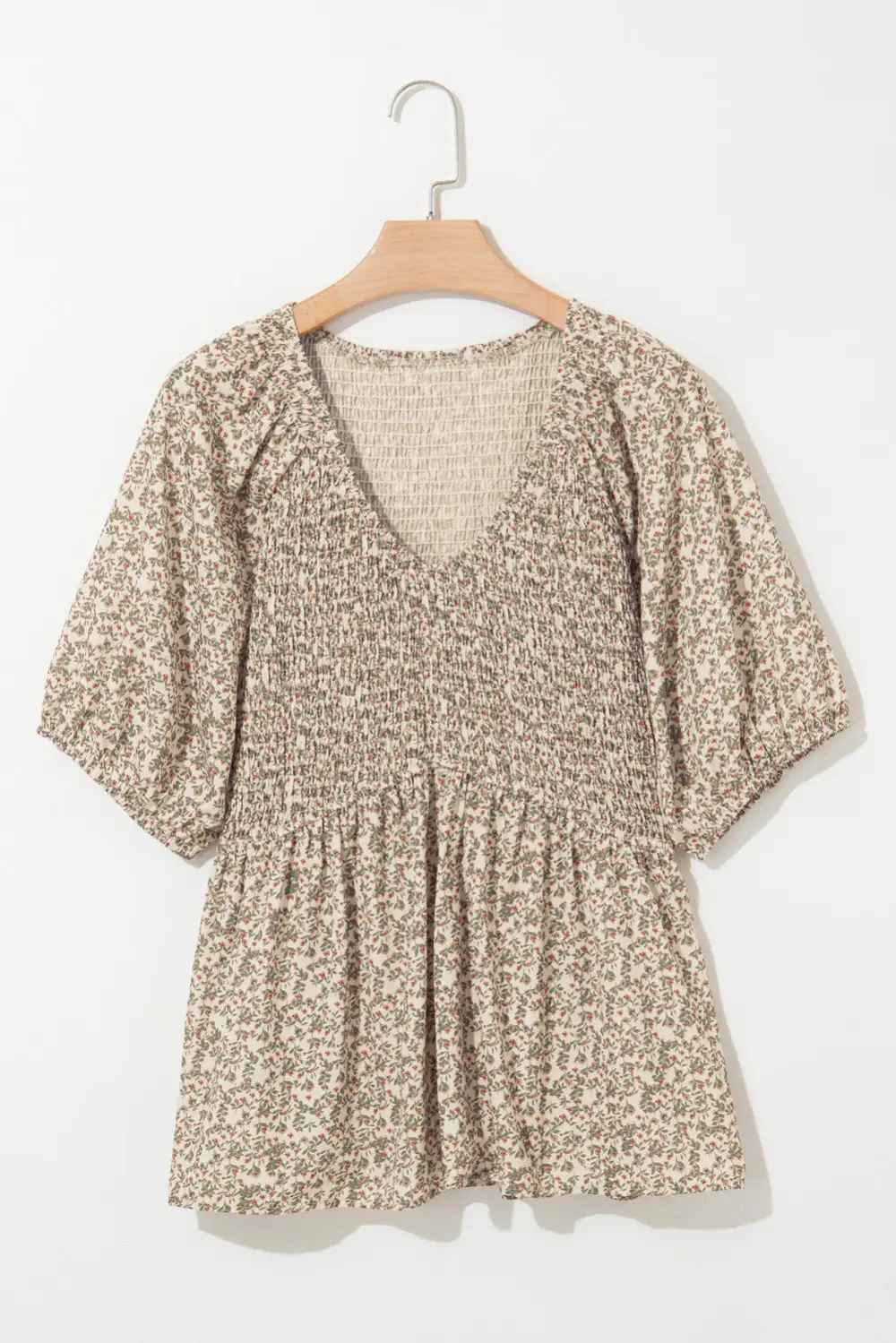 Smocked V-Neck Puff-Sleeve Peplum Fashion Top