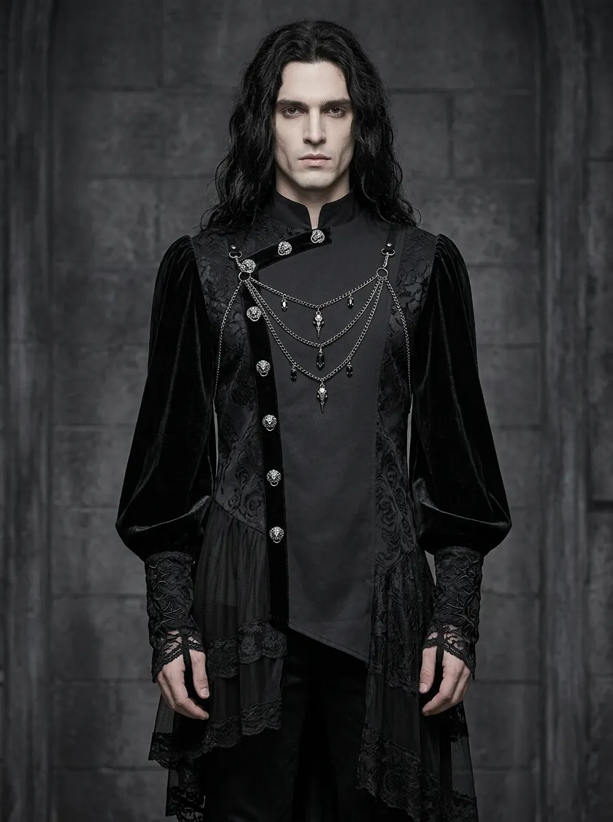 Darkwave Skull Lace Chain Victorian Look Men's Gothic Asymmetric Shirt