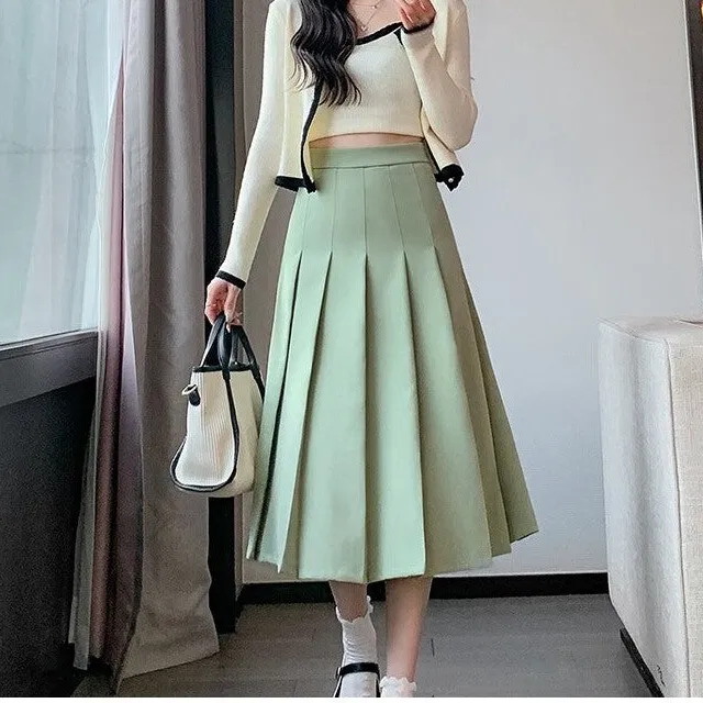 Streamlined A-Line High Waist Pleated Midi Skirt