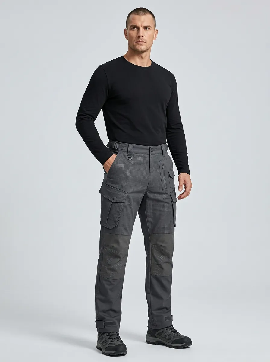 Men's Charcoal Grey Topographic Multi-Pocket Reinforced Knee D-Ring Tactical Cargo Pants