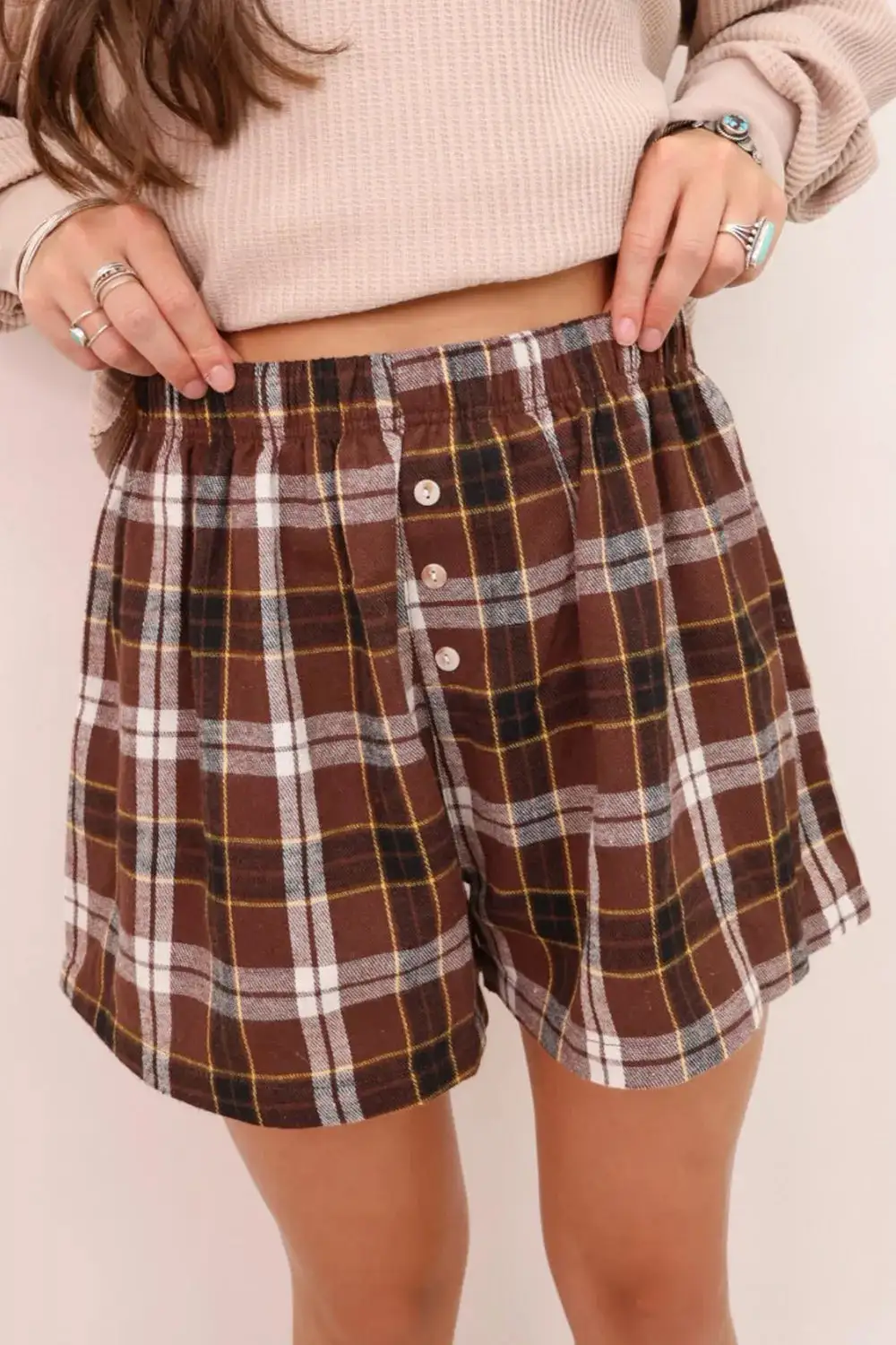 Elastic-Waist Button-Front Cotton Plaid Casual Shorts