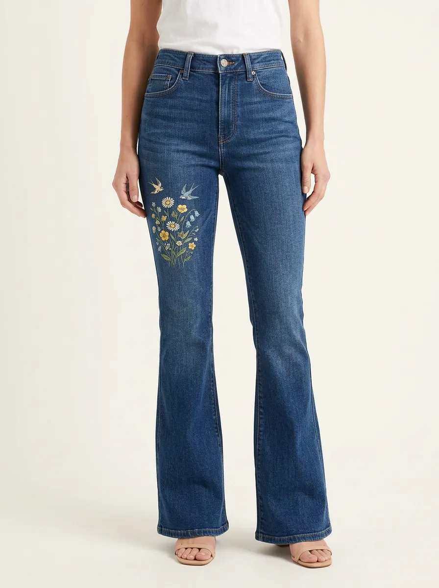Women's Floral Swallow Embroidered Contrast-Stitch High-Rise Flare Jeans