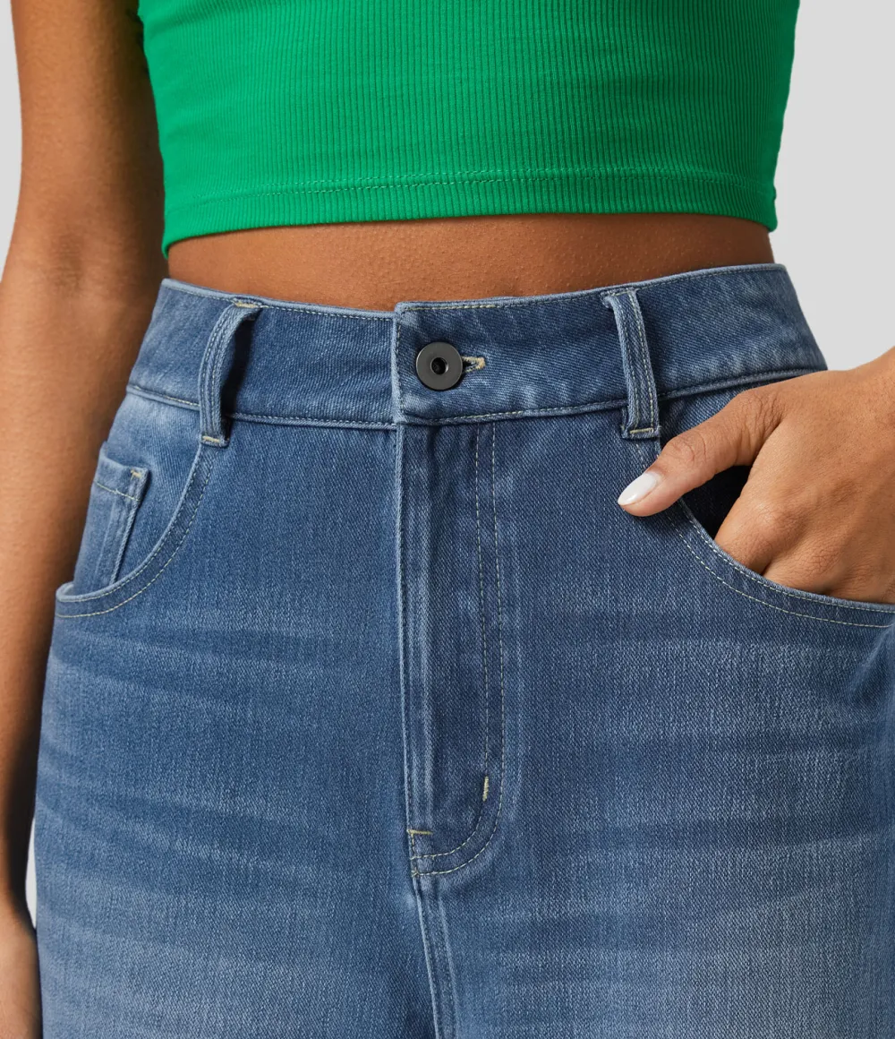 Magic High Waisted Multiple Pockets Rolled Hem Wide Leg Washed Stretchy Knit Casual Jeans