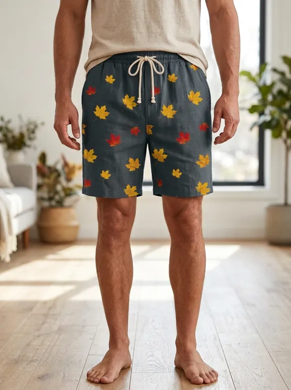 Maple Leaf Print Drawstring Side Pockets Shorts