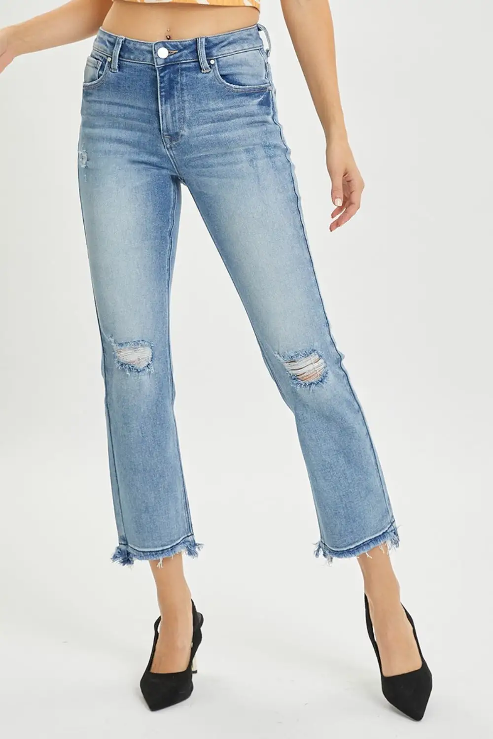 Clean High Waist Straight Leg Distressed Denim Jeans