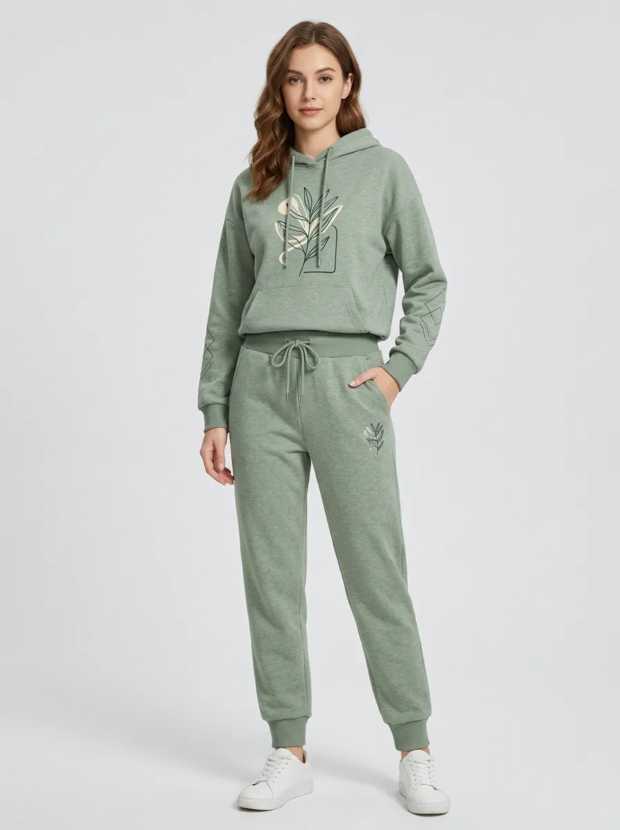 Women's Sage Green Dropped Shoulder Solid Hoodie & Pants Set