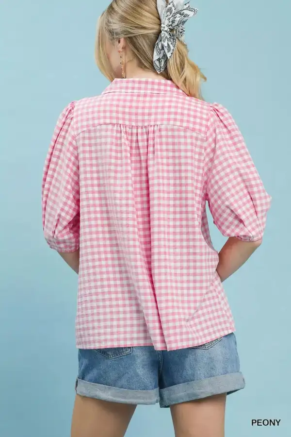 Polyester Gingham Puff Sleeve Collared Blouse