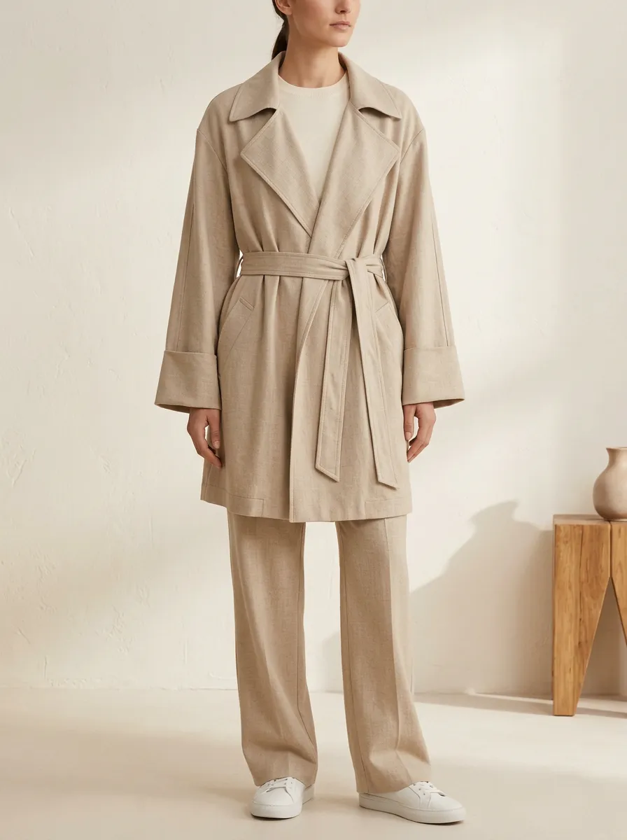 Belted Linen Blend Trench Coat
