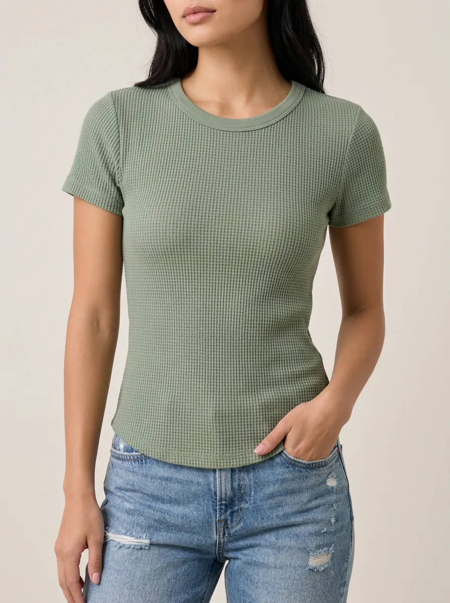 Textured Casual Waffle Knit Short Sleeve Crewneck Top