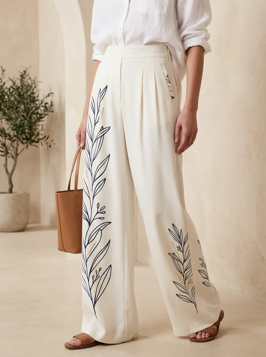 Women's Botanical Floral Leaf Patterned High-Waisted Wide-Leg Trousers