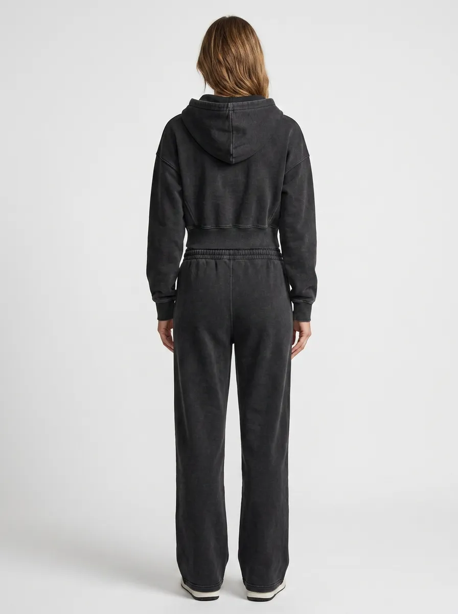 Cropped Zip-Up Vintage-Wash Sweatpants Women's Cropped Zip-Up Hoodie Jogger Active Set