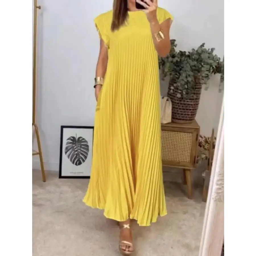 Classic Full Size Pleated Round Neck Maxi Dress Plus Size