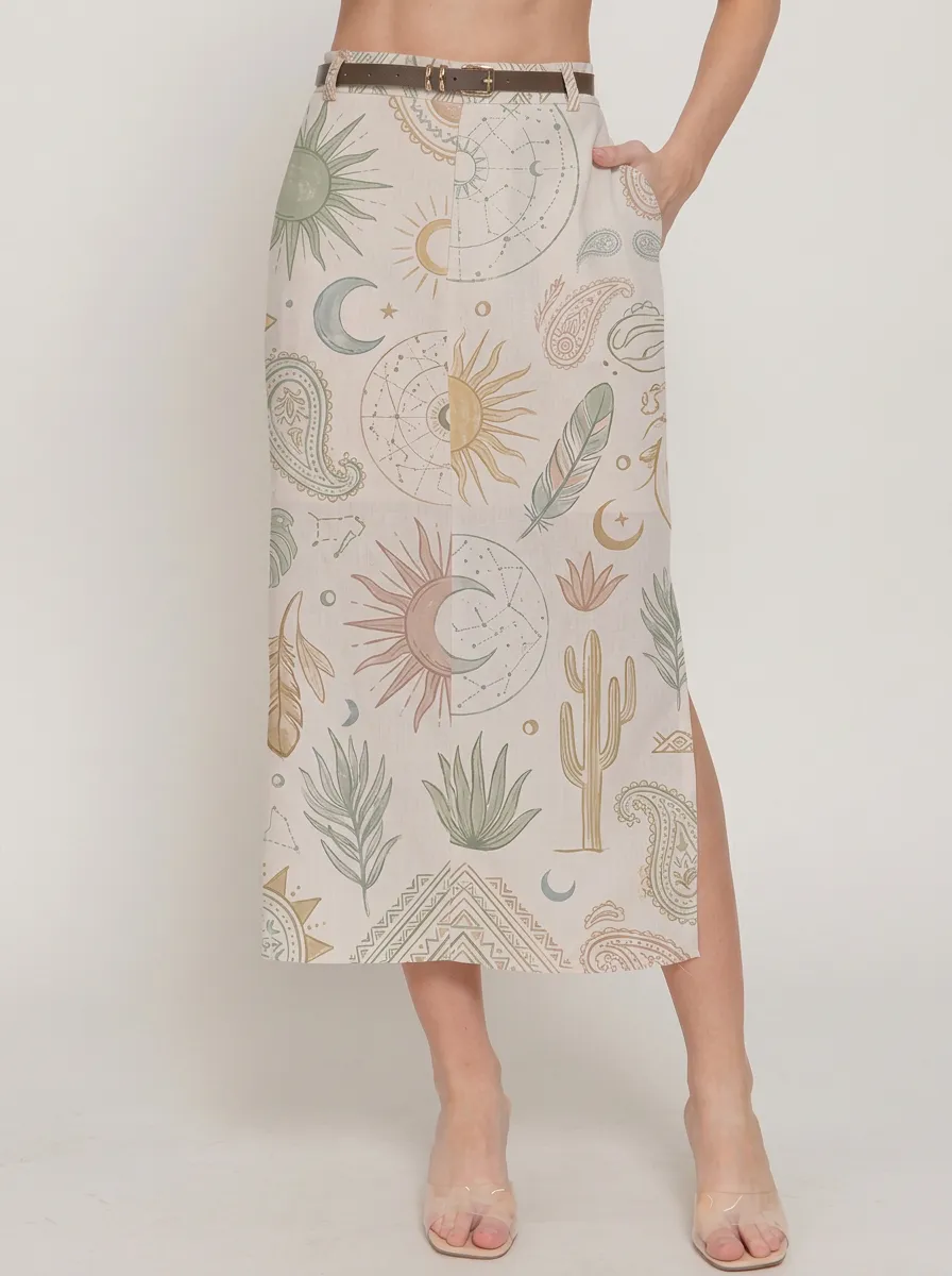 Women's Boho Celestial Sun Moon Cactus Printed Midi Skirt