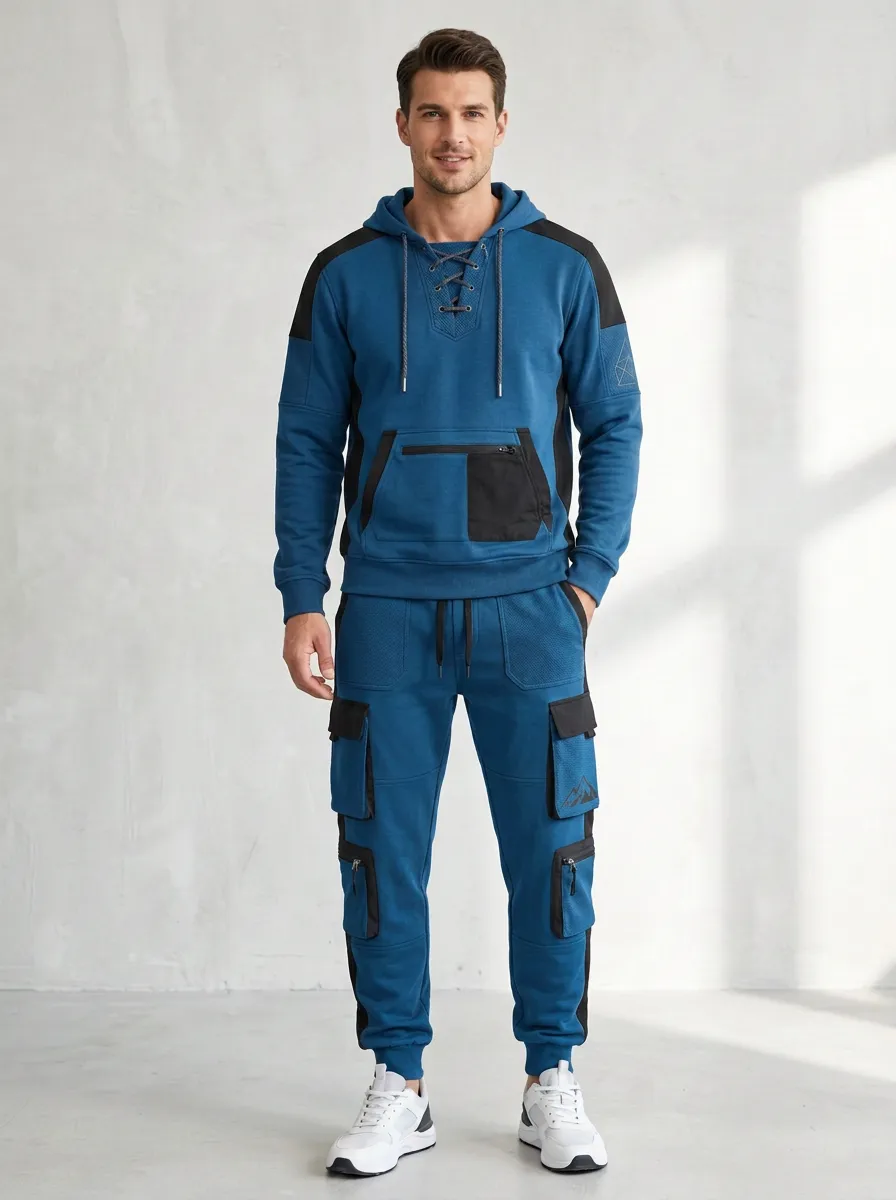 Functional Lace-Up Mountain Graphic Classic Look Men's Lace Up Hoodie And Cargo Jogger Set