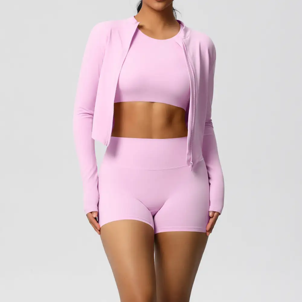 Zip-Front Long-Sleeve Jacket, Bra and Shorts Active Set