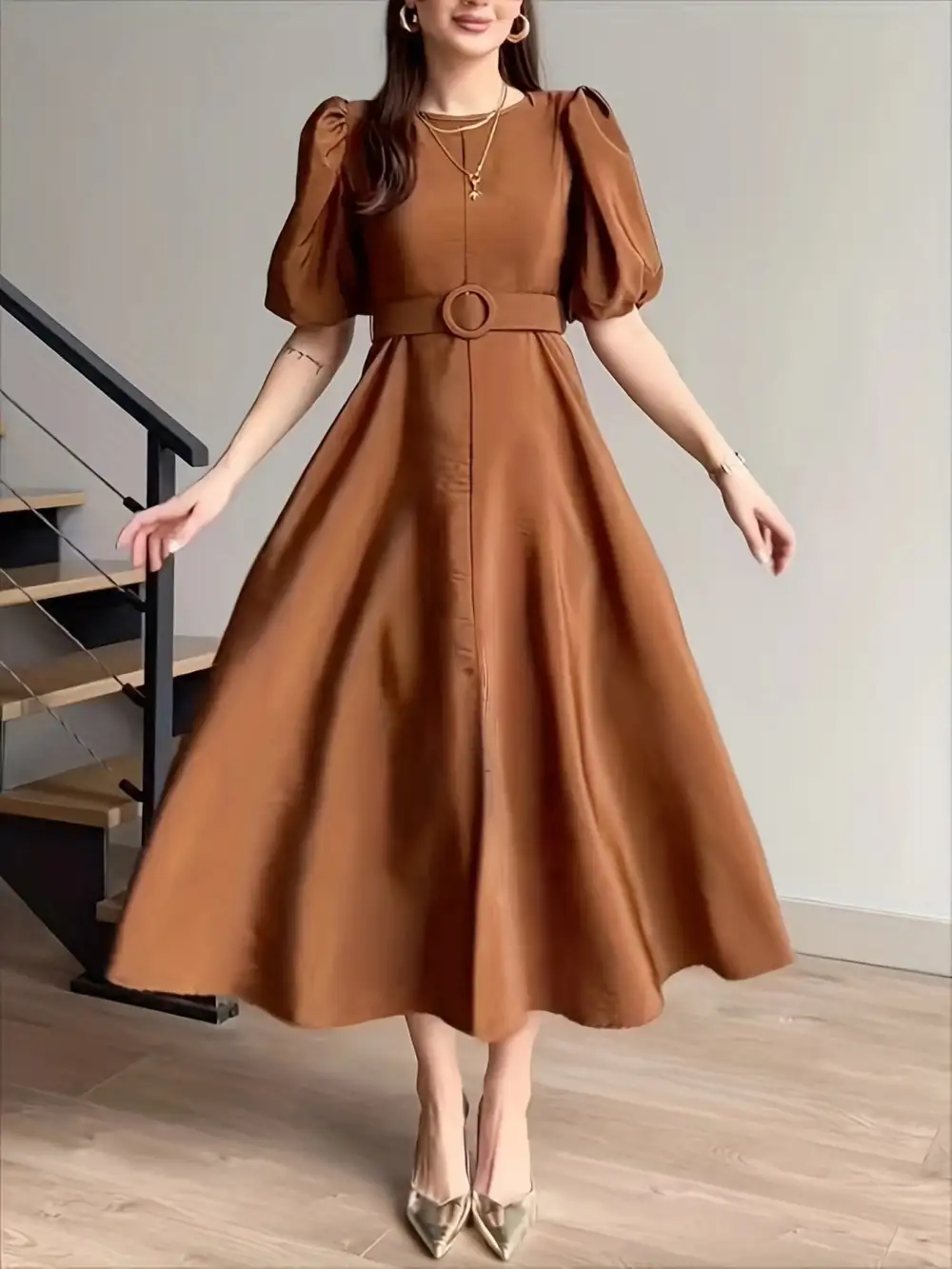 Tie Waist Puff Sleeve Midi Dress