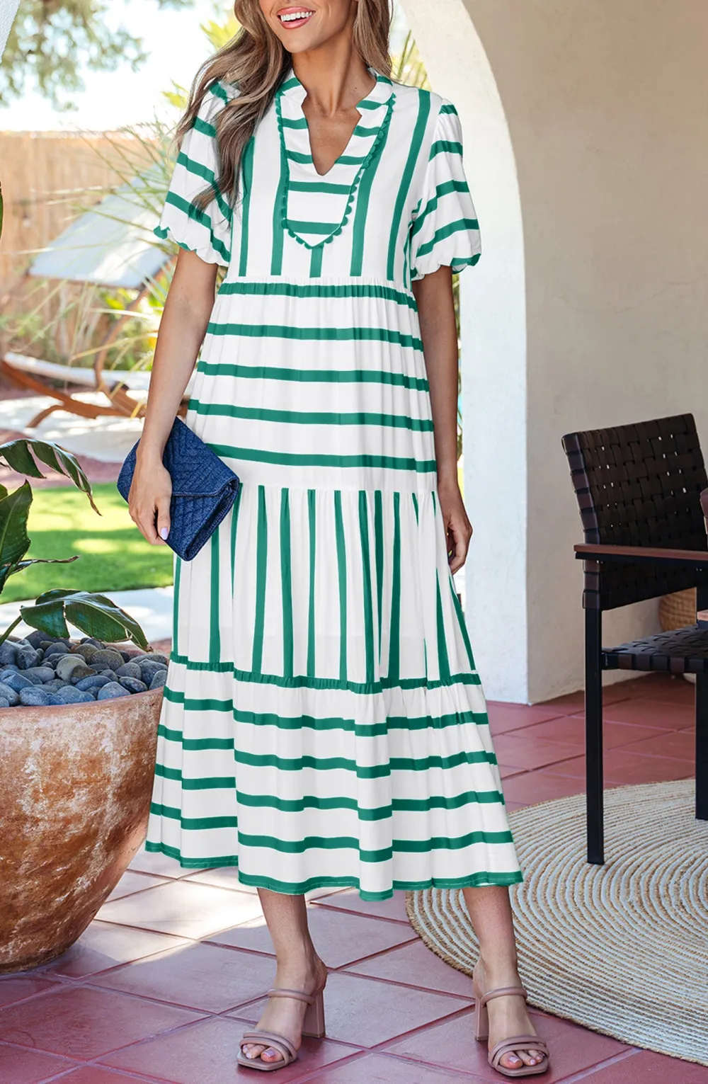 Women's Striped Notched Neck Half Sleeve Vacation Midi Dress