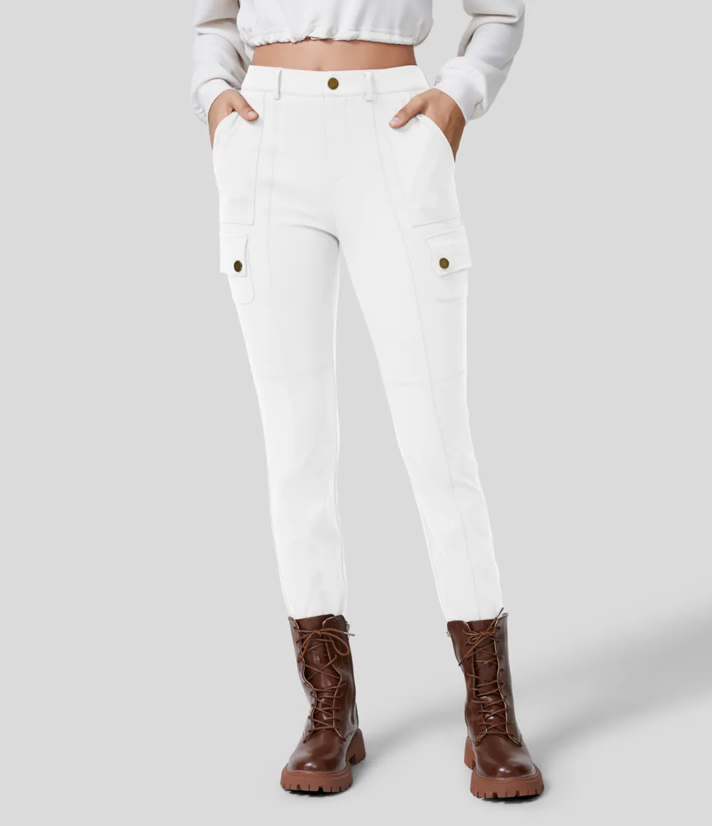 High Waisted Button Zipper Multiple Pockets Solid Skinny Cargo Pants