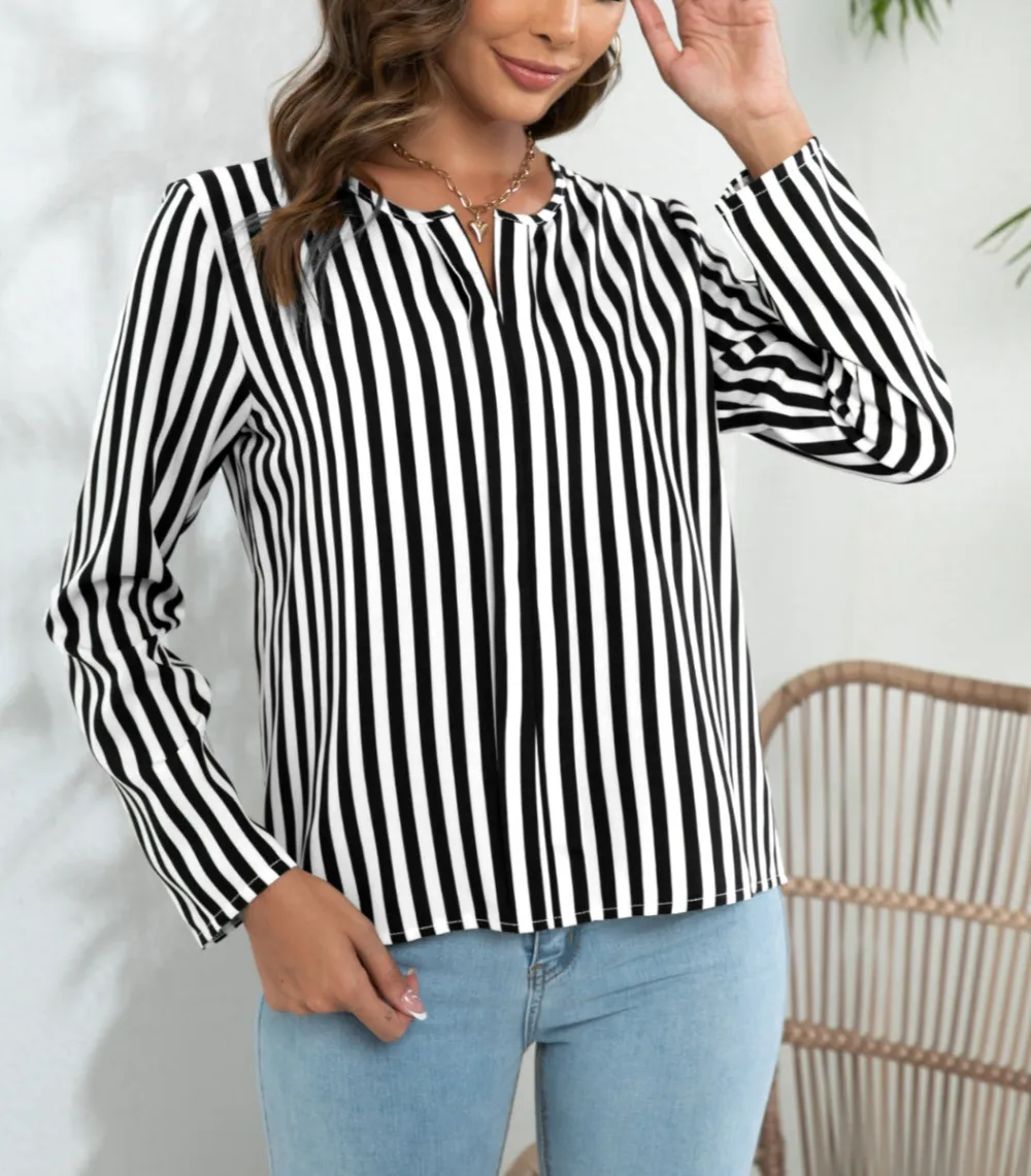 Striped Long Sleeve Notched Blouse
