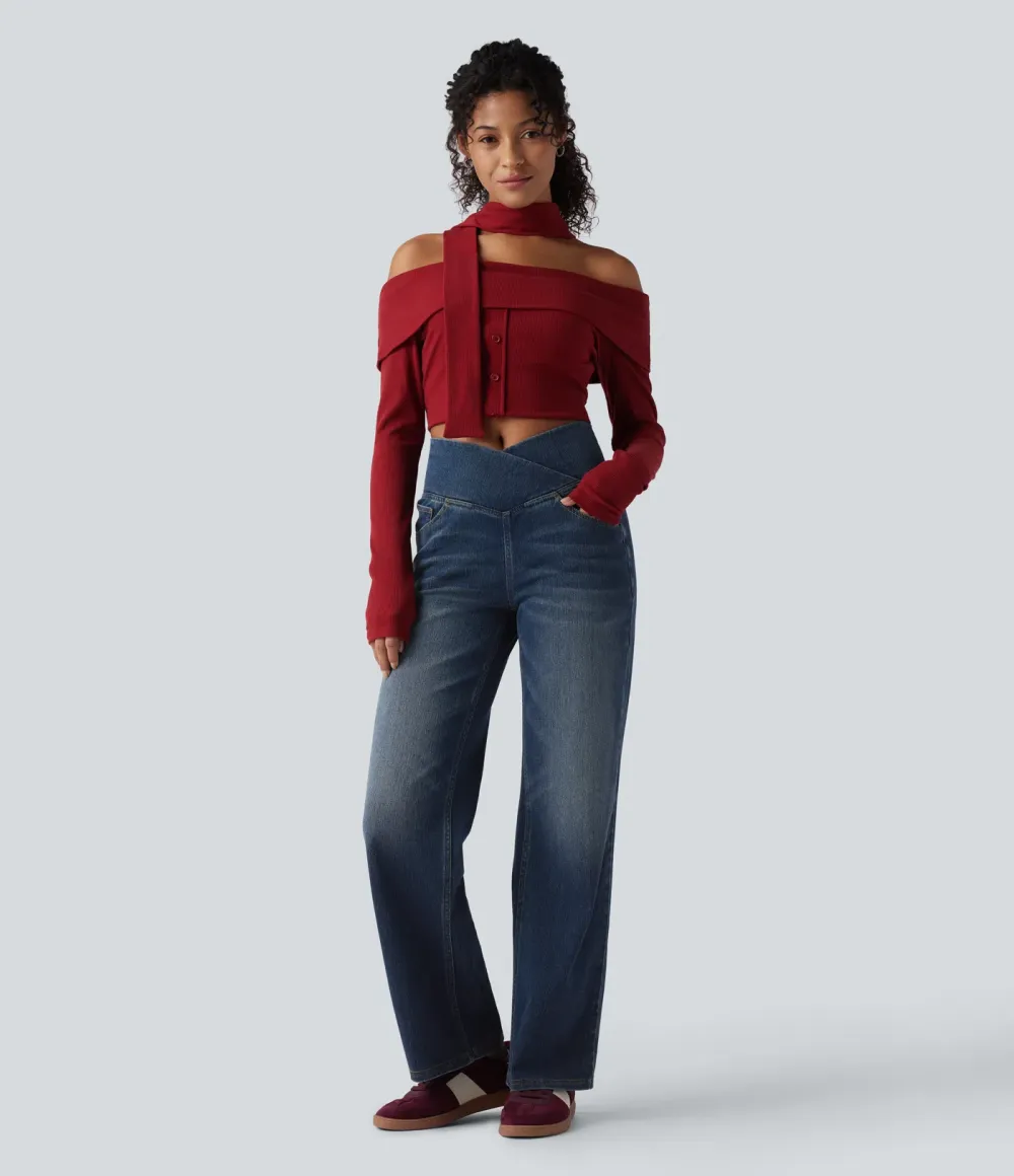 High-waisted, relaxed, crossover straight-leg jeans with  pockets