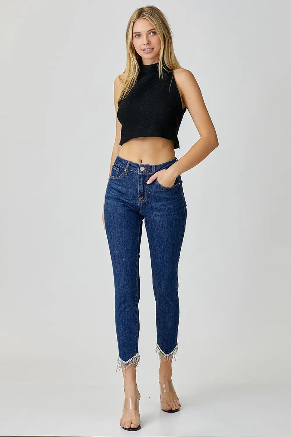 Embellished Mid Rise Crop Skinny Denim Jeans