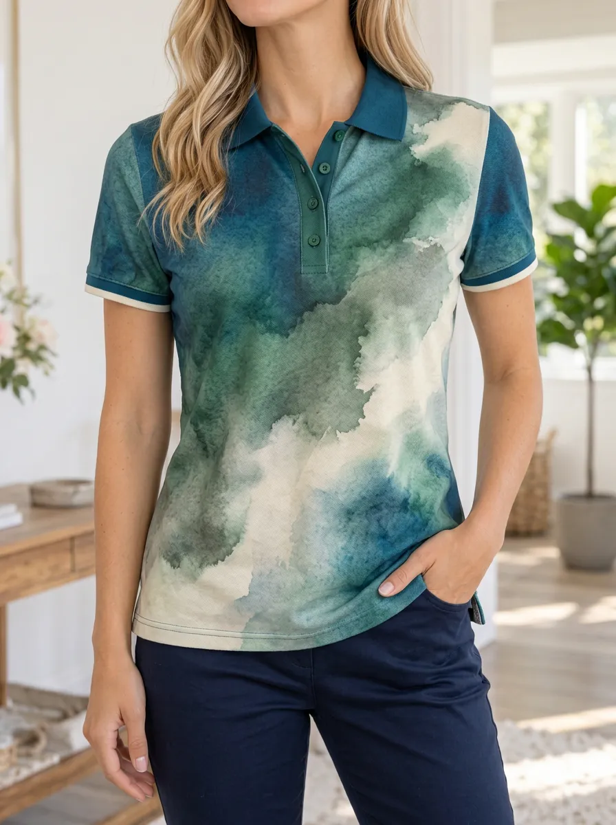 Women's Classic Abstract Watercolor Polo Shirt