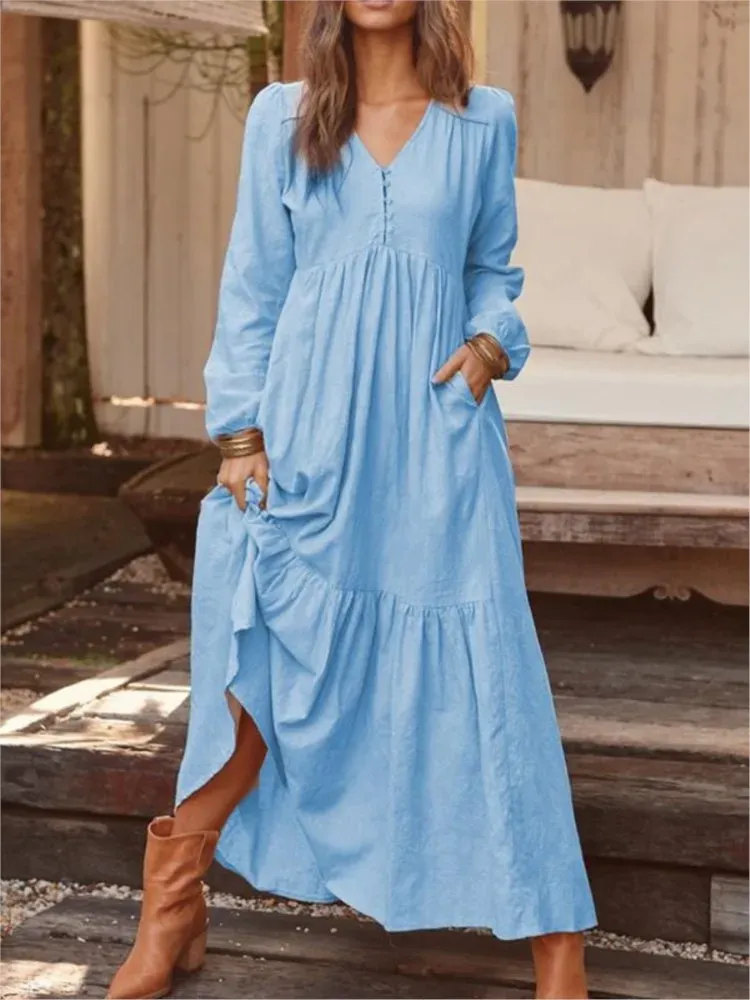 Long Sleeve Linen Blend Cotton Blend Maxi Tie Detail Dress