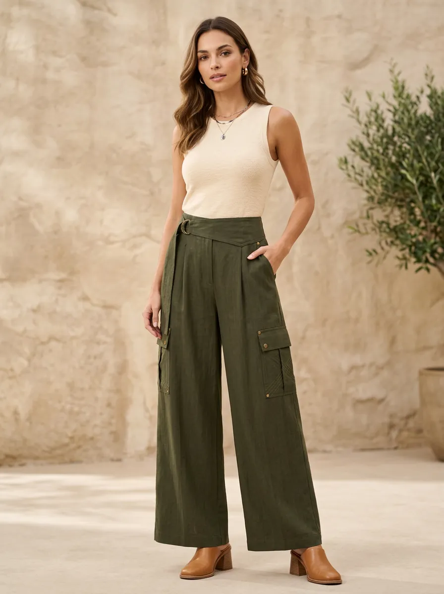 Women's Casual Fashion Olive Green Belted Cargo Pants