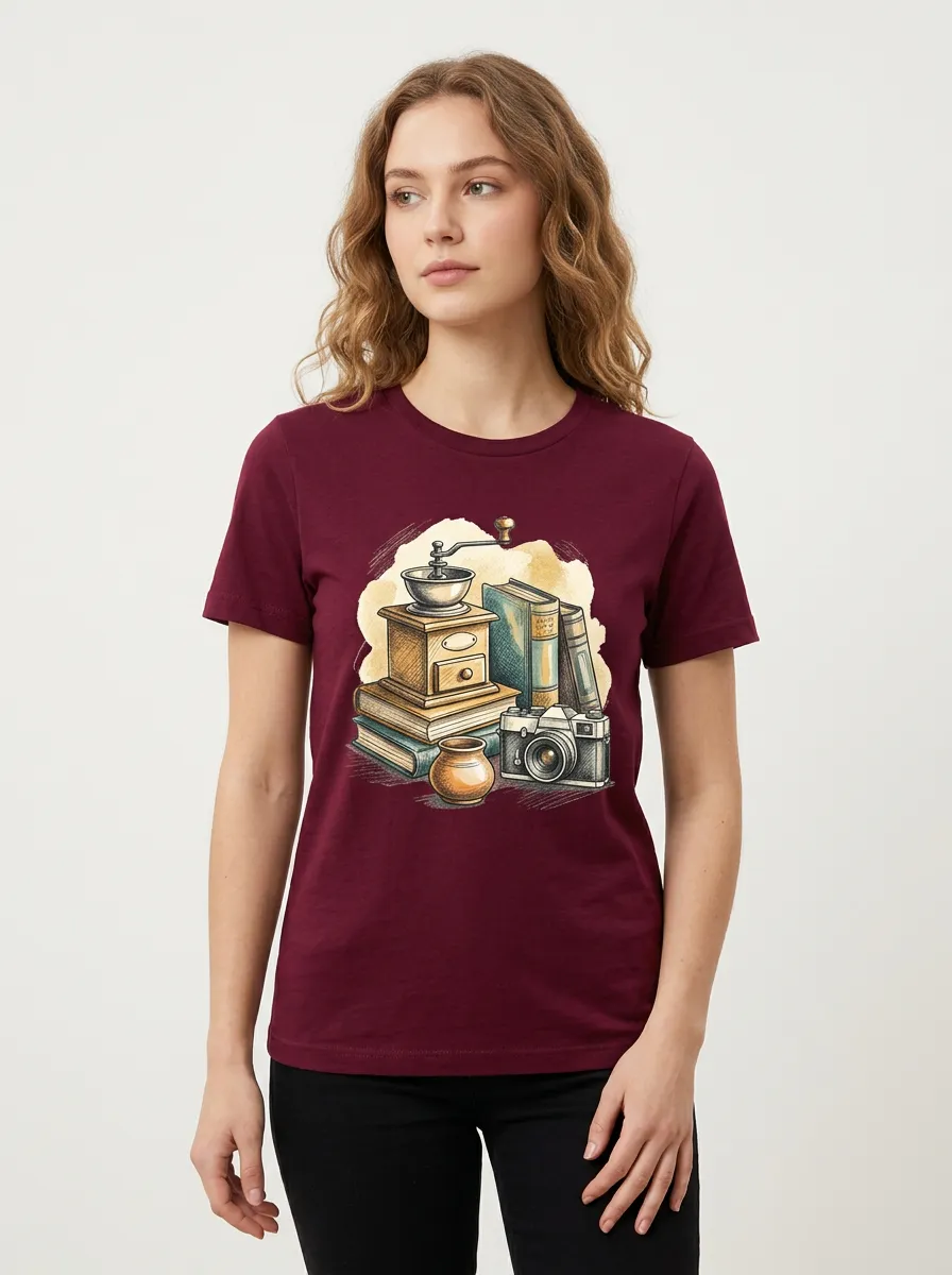 Women's Book-Inspired Coffee Grinder Camera Printed T-Shirt