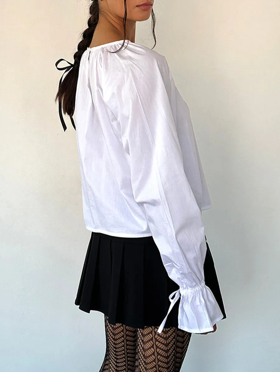 Tie Sleeve Blouse In White Poplin