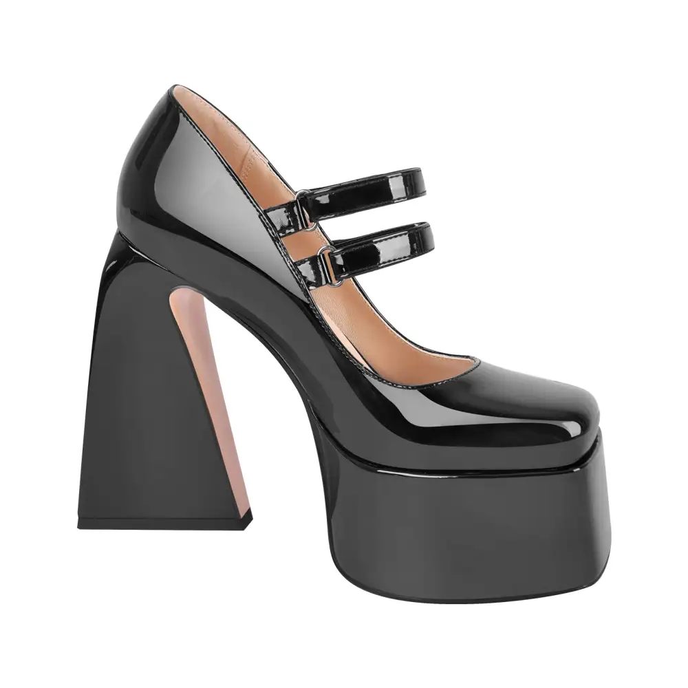 Modern Patent Finish Square Toe Platform Chunky Heel Pumps