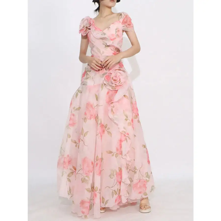 Floral Ruffled Short Sleeve Maxi Dress