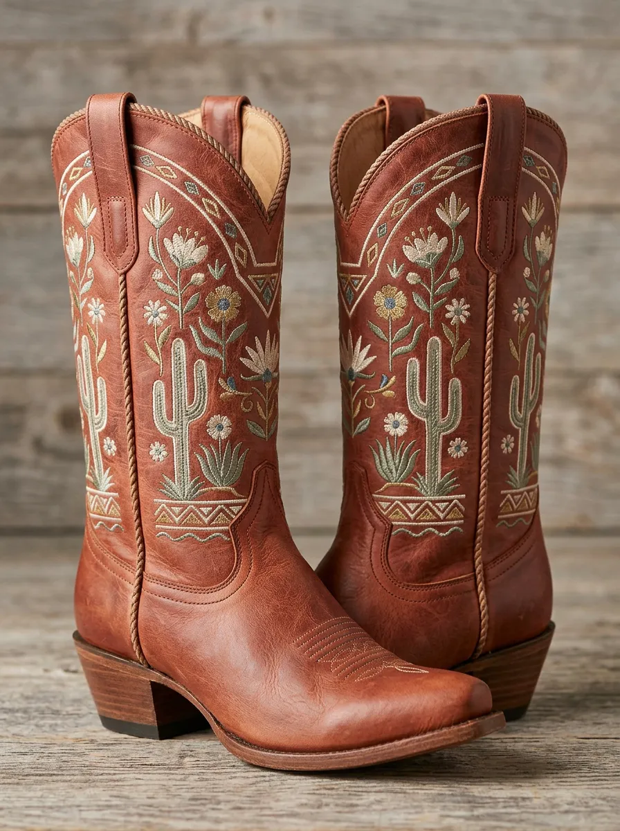 Canyon Cactus Floral Embroidered Ranch Look Unisex Western Cowboy Boots