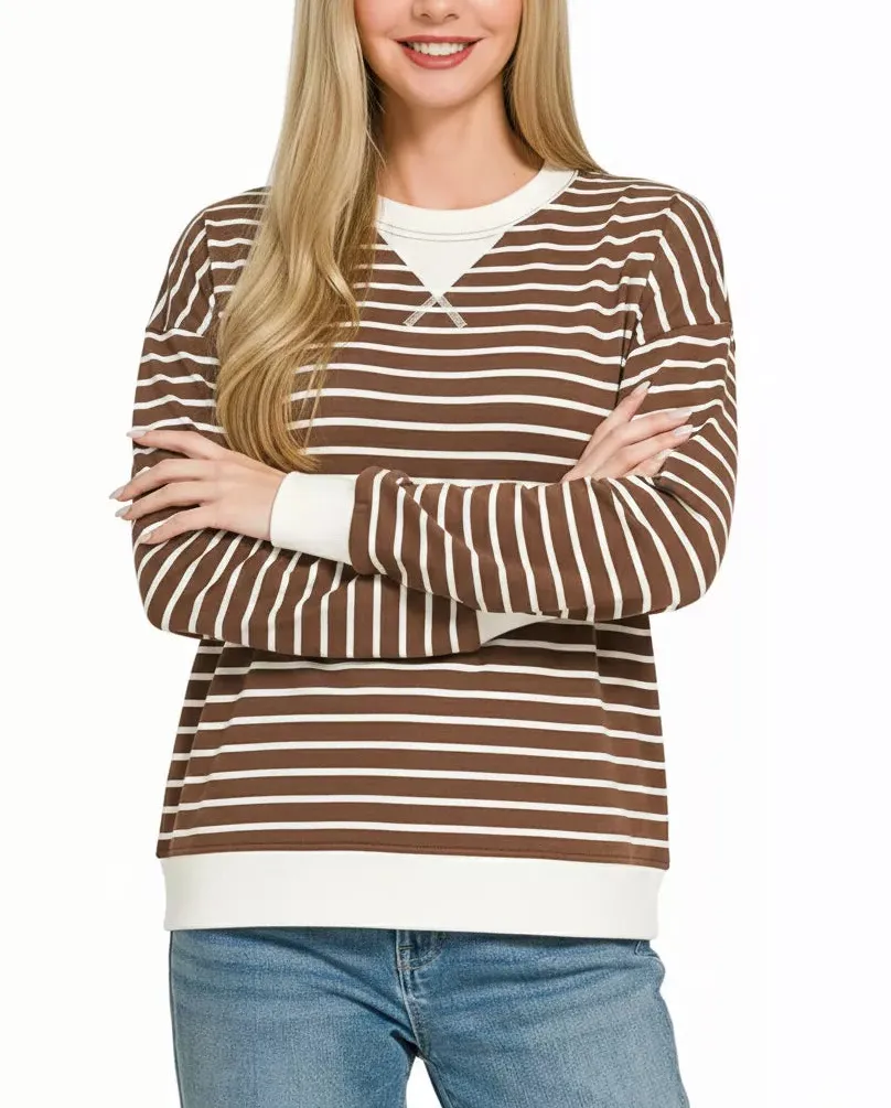Classic Contrast Striped Round Neck Sweatshirt