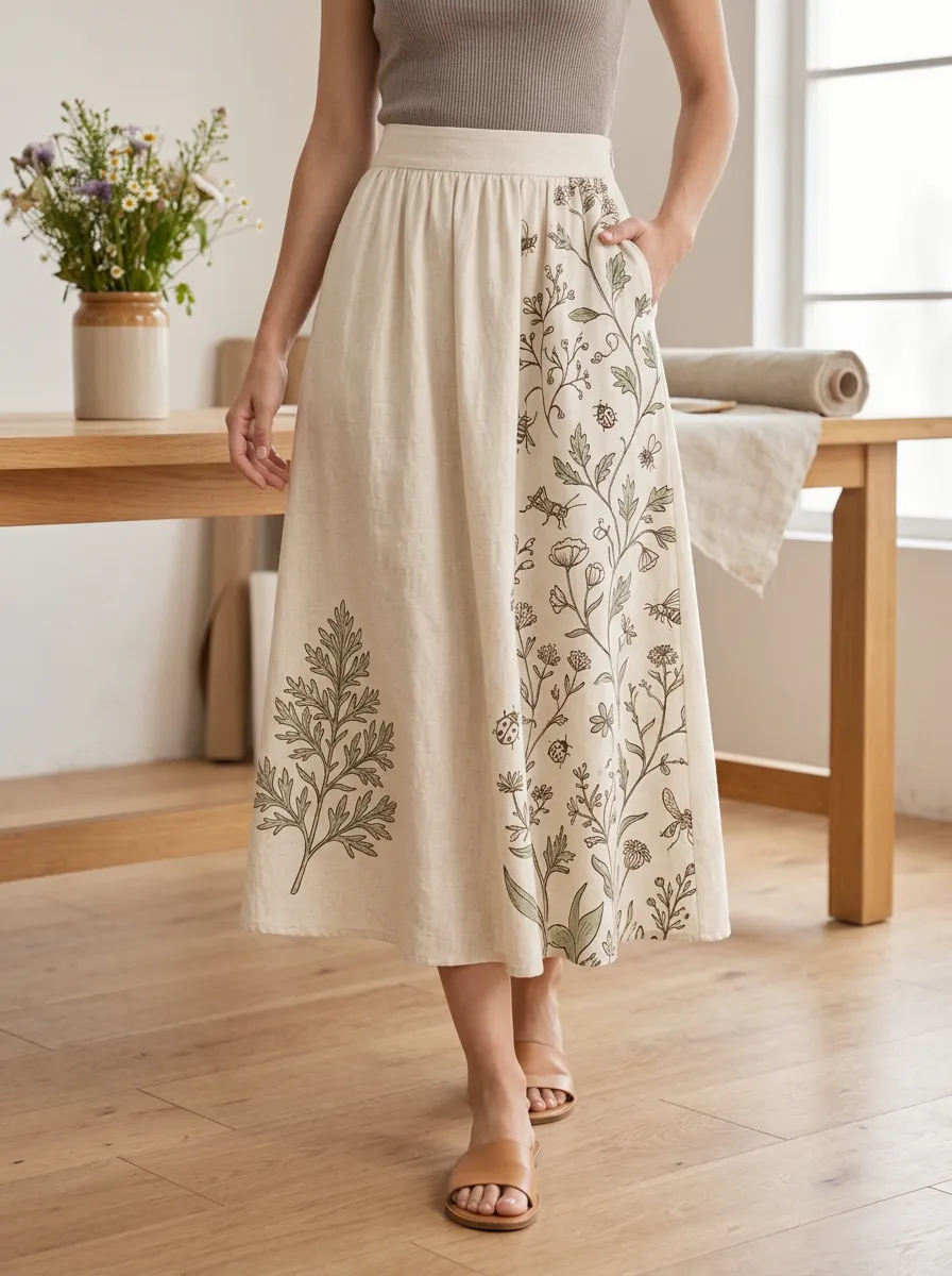 Women's Botanical Garden Nature Lover Floral Insect Printed Midi Skirt