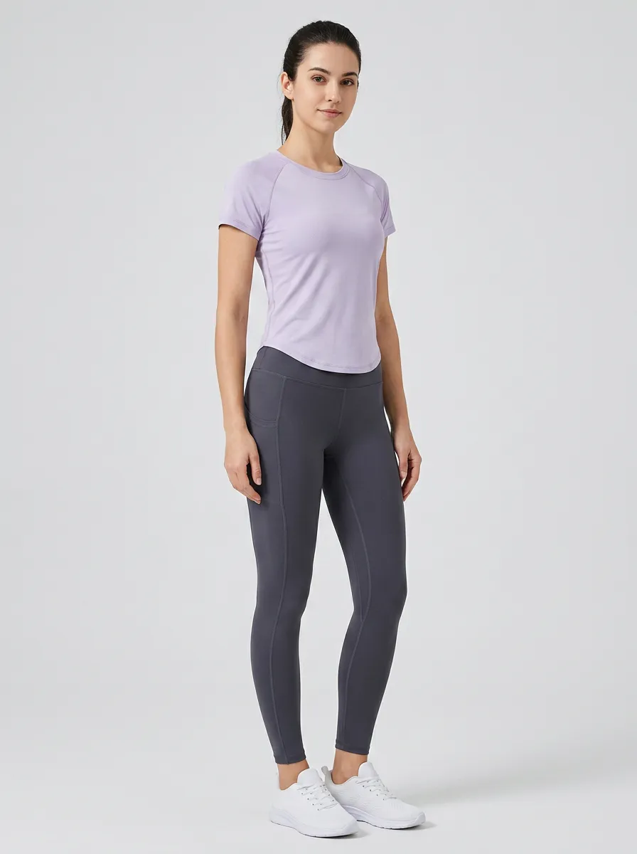 Women's Yoga Fitness Lavender T-shirt Charcoal Pocket Leggings Sportswear Set