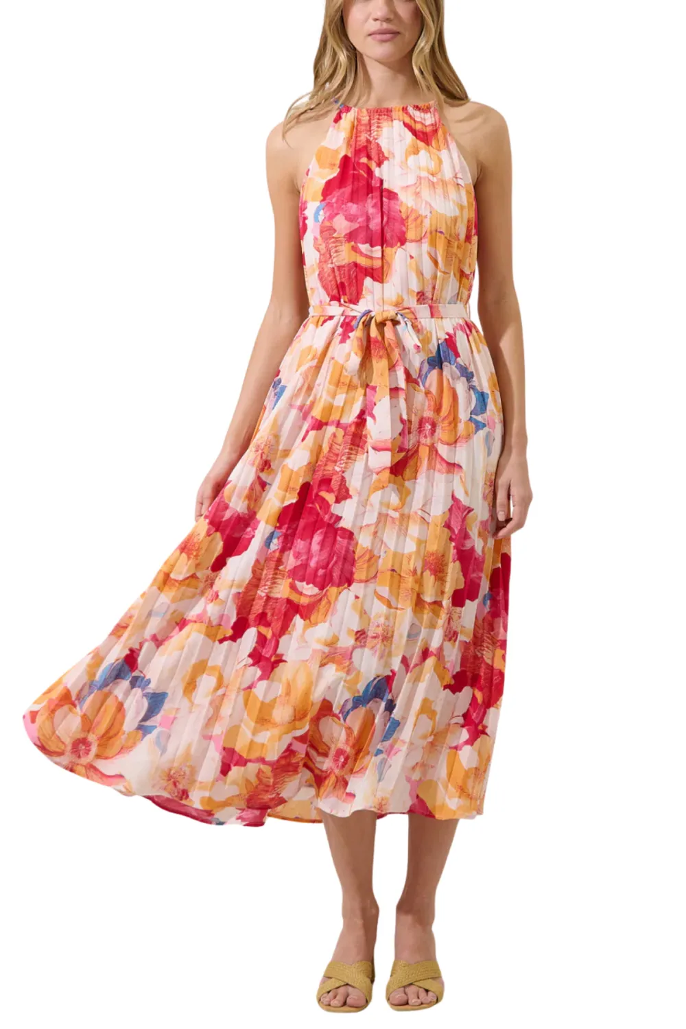 Halter Neck Pleated Floral Print Midi Dress