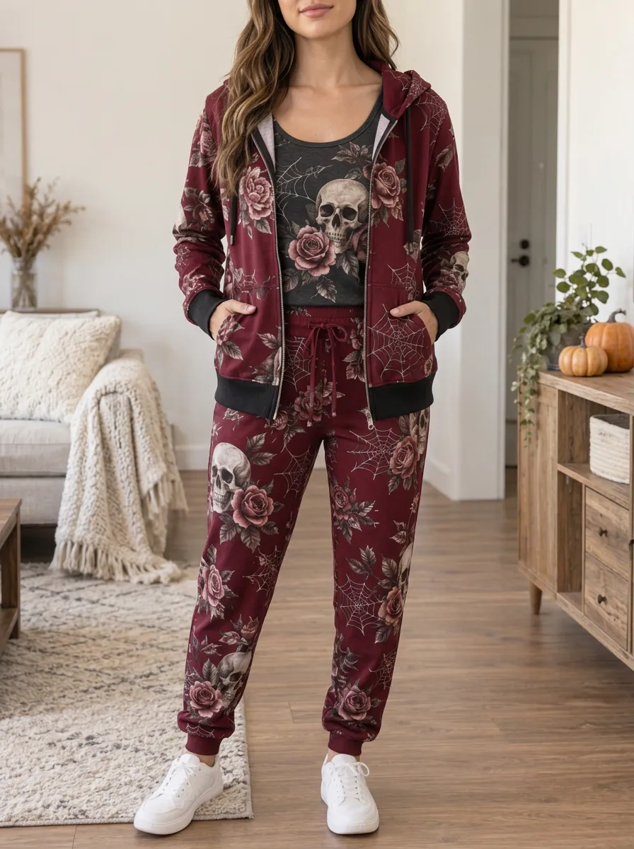 Women's Halloween Gothic Skull Rose Relaxed Lounge Set