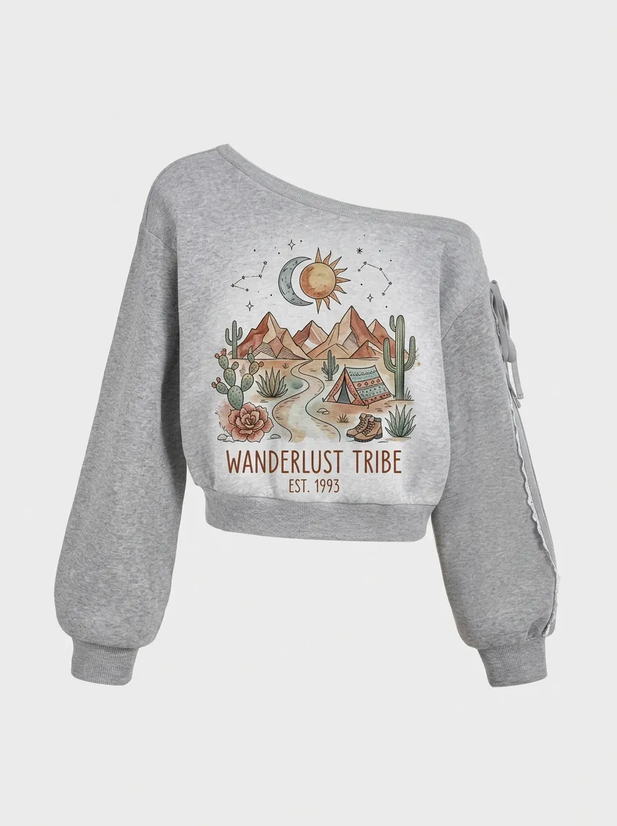 Women's Wanderlust Camping Desert Graphic Off-Shoulder Sweatshirt