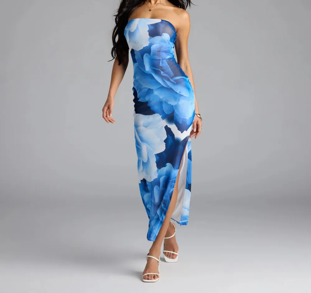 Floral Strapless Slit Maxi Dress