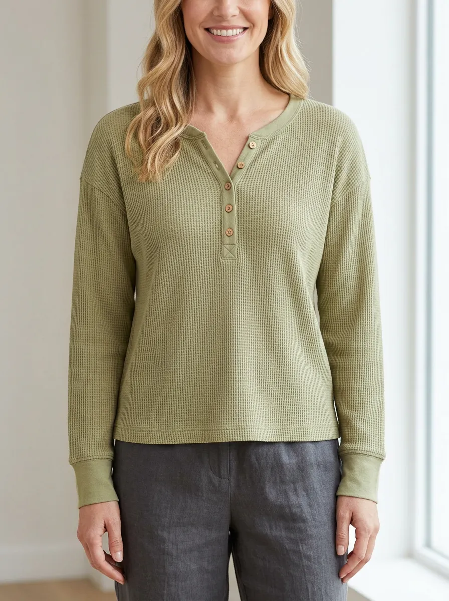Women's Waffle-Knit Ribbed Button-Placket Long-Sleeve Henley Shirt
