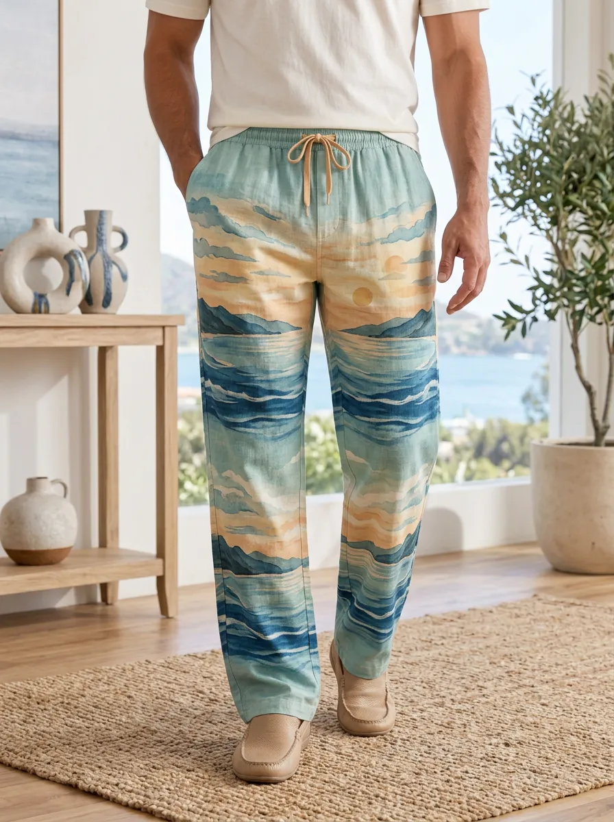 Men's Beach Lover Ocean Sunset Landscape Printed Pants